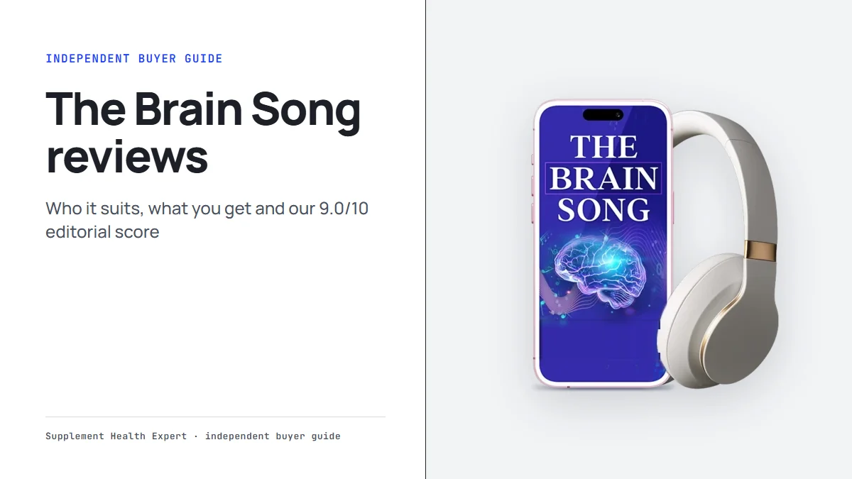 The Brain Song reviews: a phone showing The Brain Song cover beside headphones, with the headline The Brain Song reviews