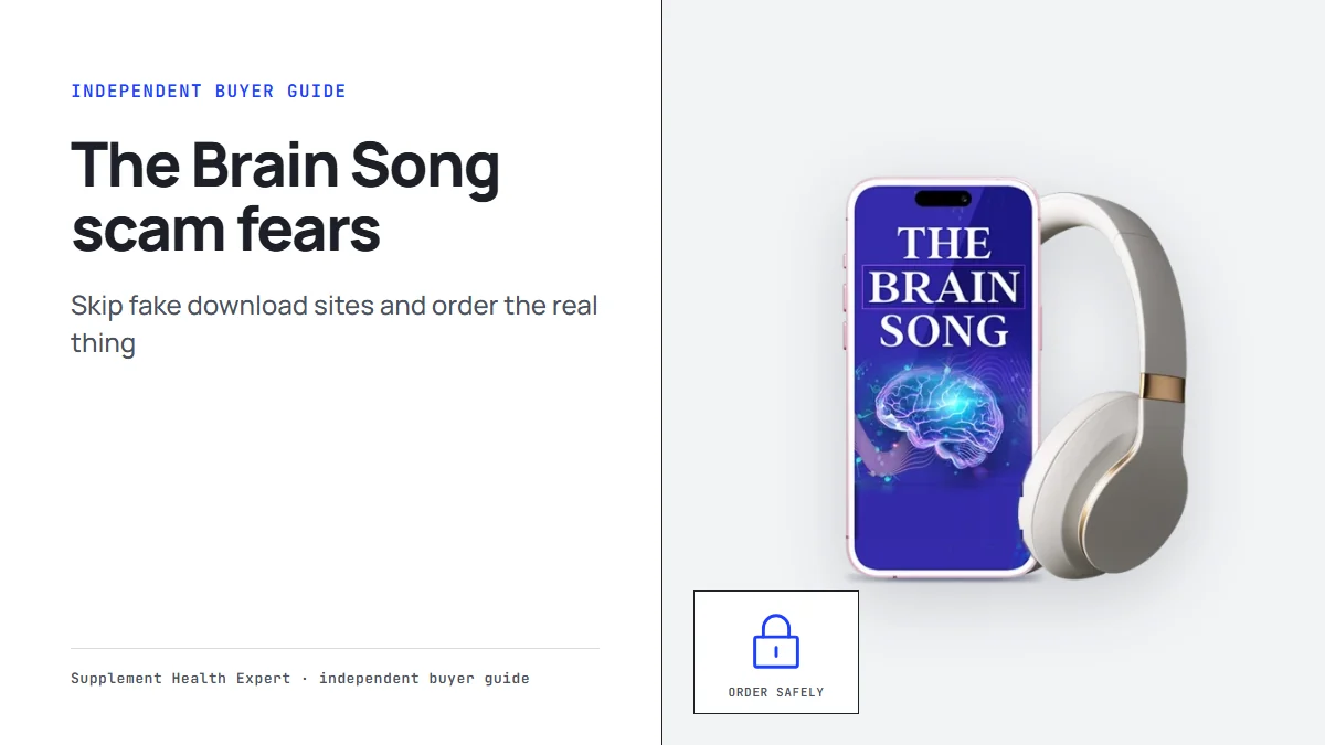 The Brain Song scam fears: a phone with The Brain Song cover and headphones beside a padlock icon and the words order safely