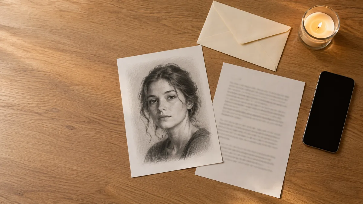 Tina Aldea soulmate reading illustration: a printed pencil-style portrait, a printed reading, an envelope, a phone and a candle on an oak desk