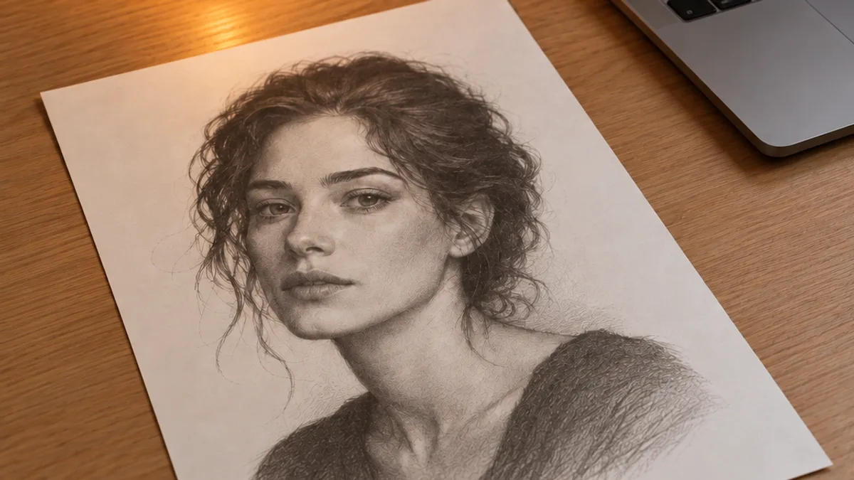 Tina Aldea soulmate drawing illustration: a printed pencil-style portrait of a fictional woman on a light oak desk beside a laptop in warm evening light