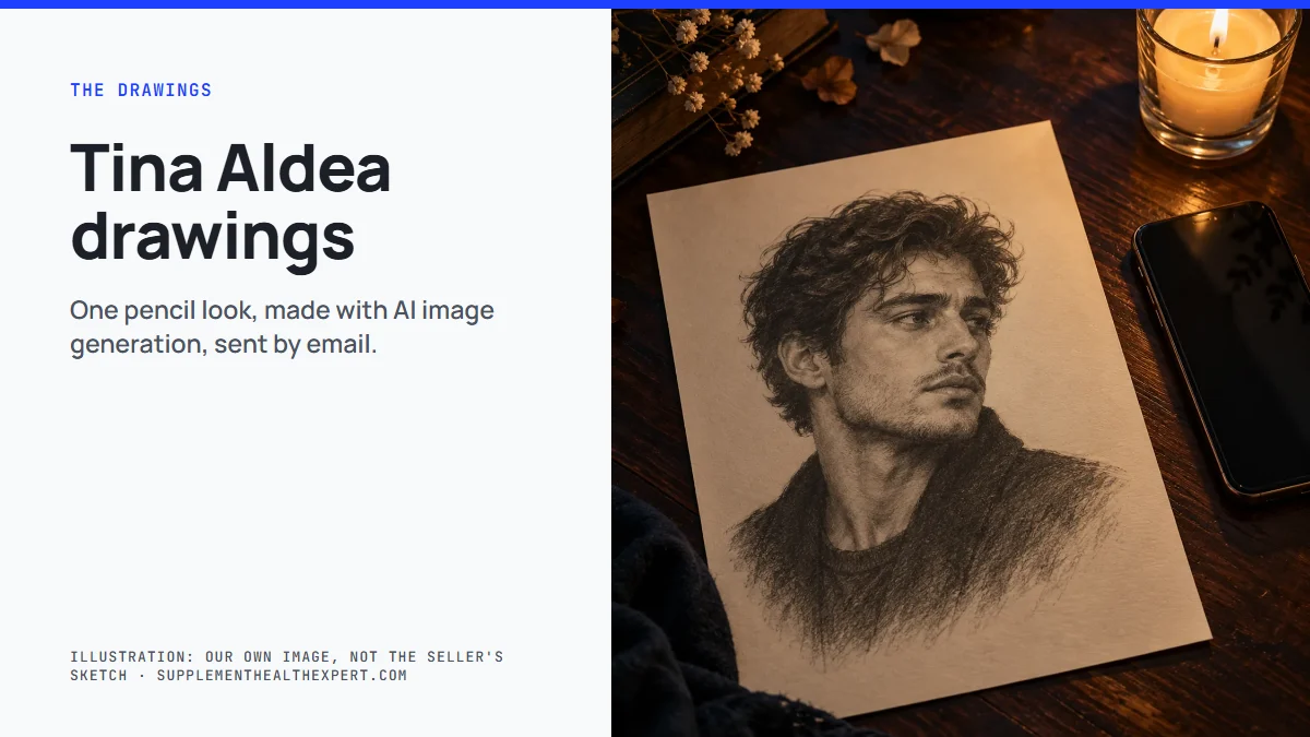 Tina Aldea drawings: pencil-style portrait of a fictional man on a dark desk with a candle and a phone