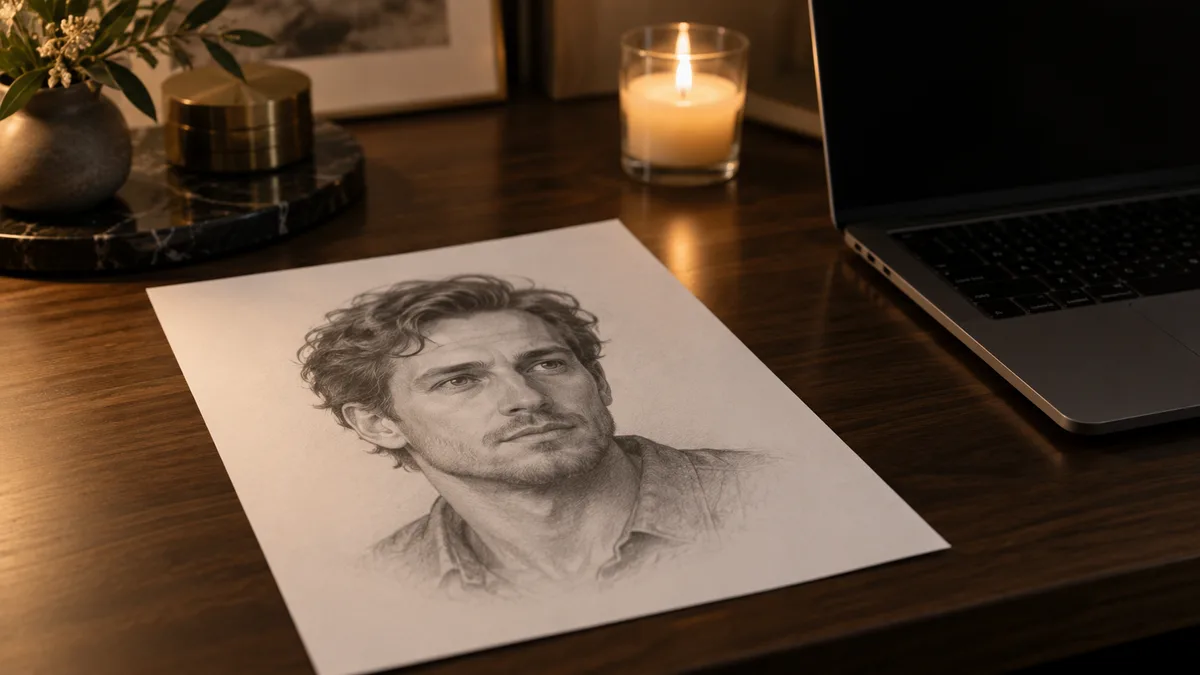 Tina Aldea reviews: a printed pencil-style soulmate portrait of a fictional face on a desk beside a laptop and a candle