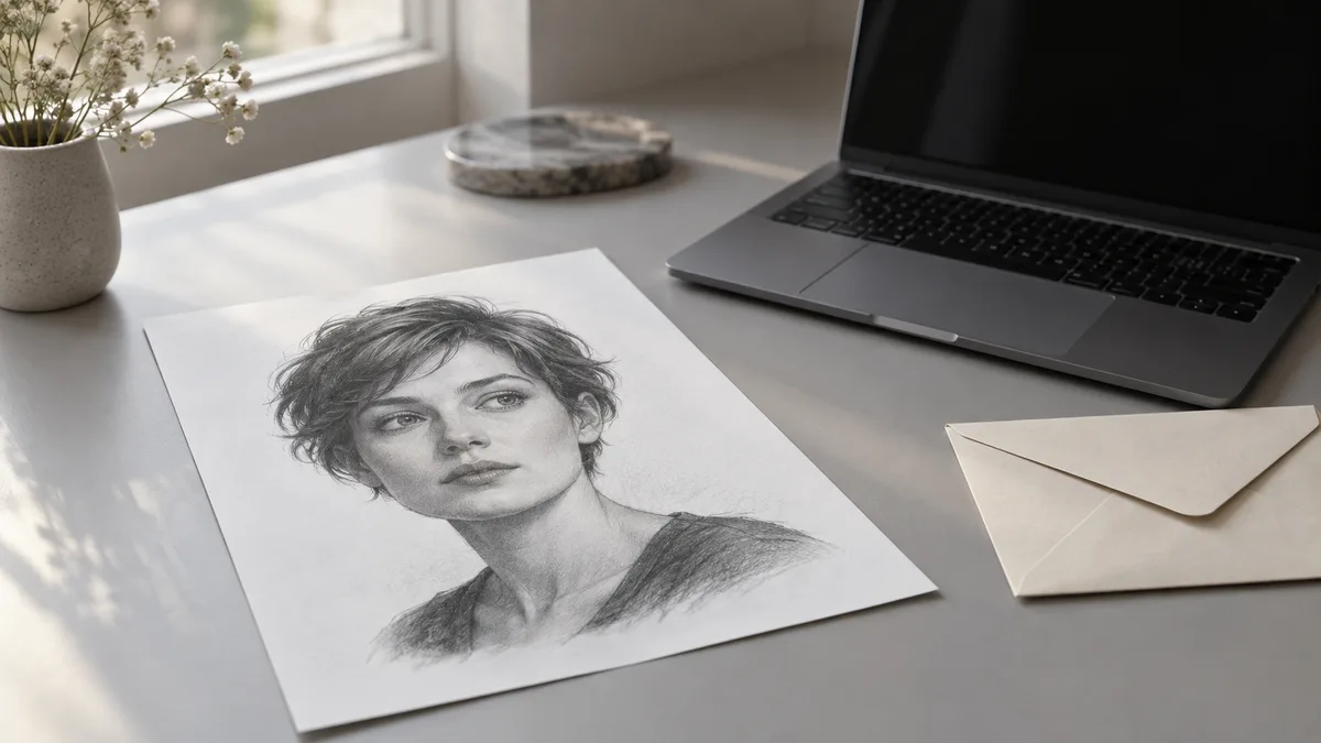 Tina Aldea soulmate sketch explained: a printed pencil-style portrait of a fictional face on a desk with a laptop and an envelope