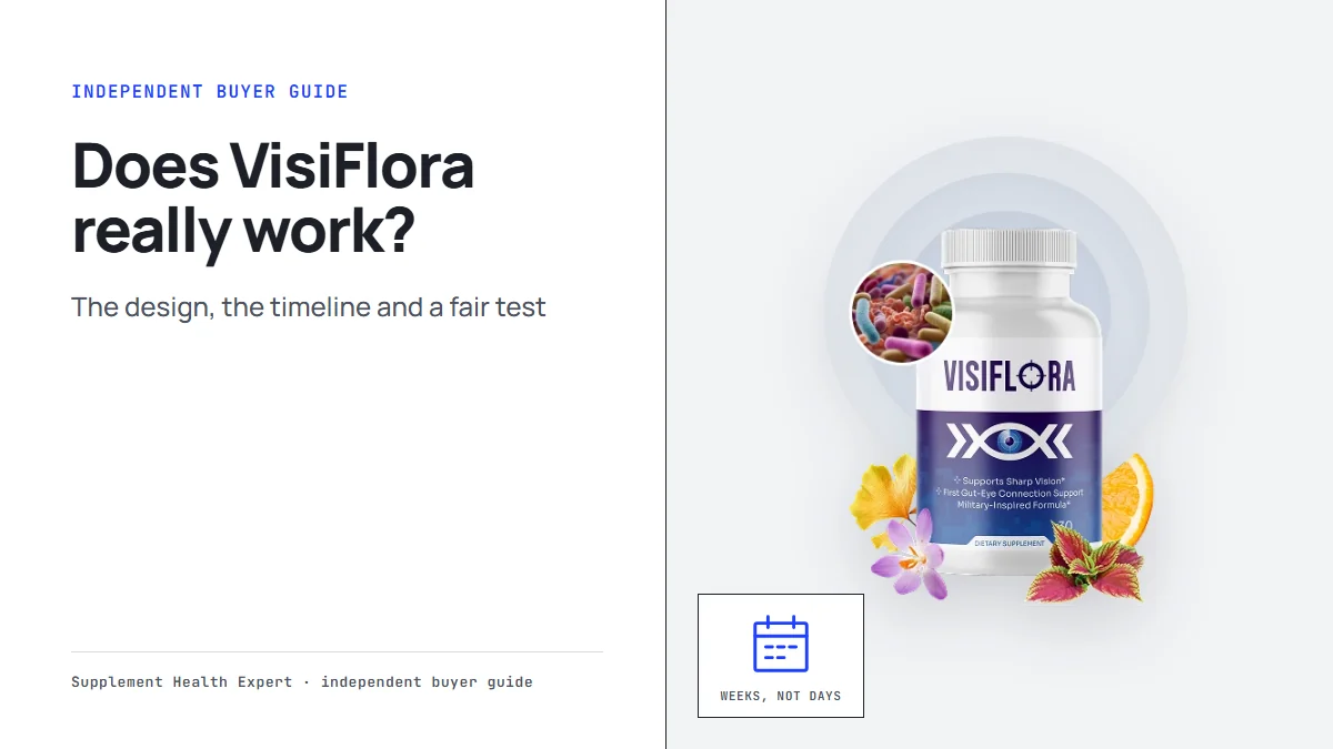 Does VisiFlora really work graphic with a VisiFlora bottle beside a calendar icon labeled Weeks, not days