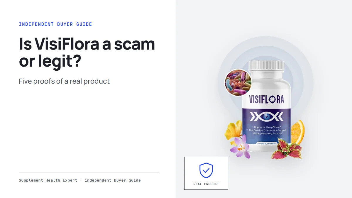 Is VisiFlora a scam or legit graphic with a VisiFlora bottle beside a shield icon labeled Real product