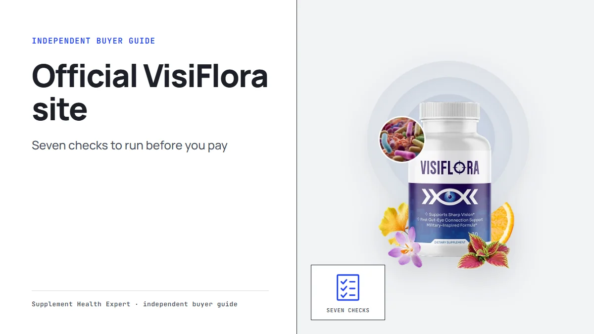 Official VisiFlora site checklist graphic with a VisiFlora bottle beside a checklist icon labeled Seven checks