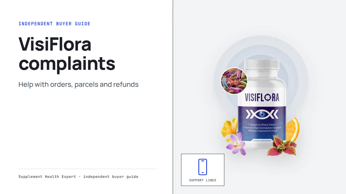 VisiFlora complaints graphic with a VisiFlora bottle beside a phone icon labeled Support lines