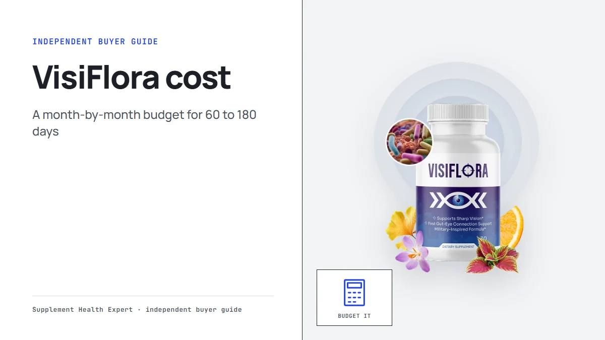 VisiFlora cost graphic with a VisiFlora bottle beside a calculator icon labeled Budget it