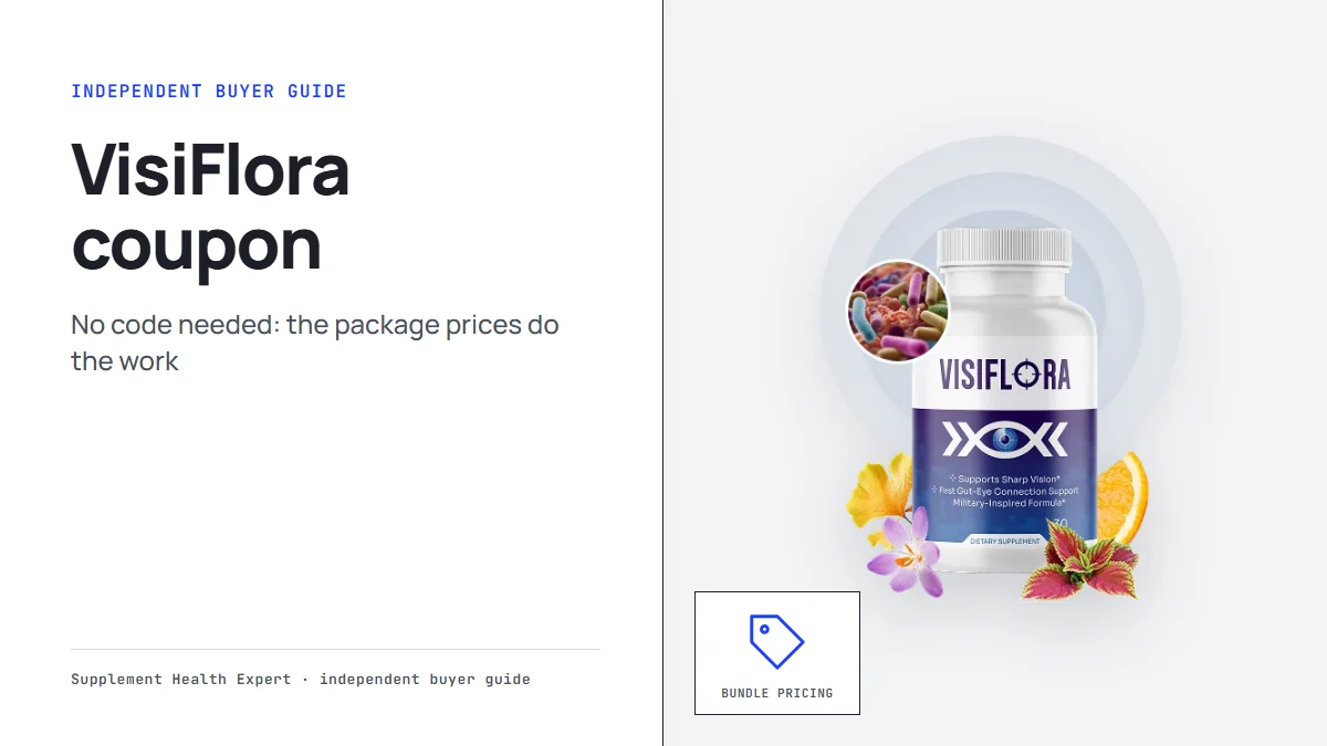 VisiFlora coupon graphic with a VisiFlora bottle beside a price tag icon labeled Bundle pricing