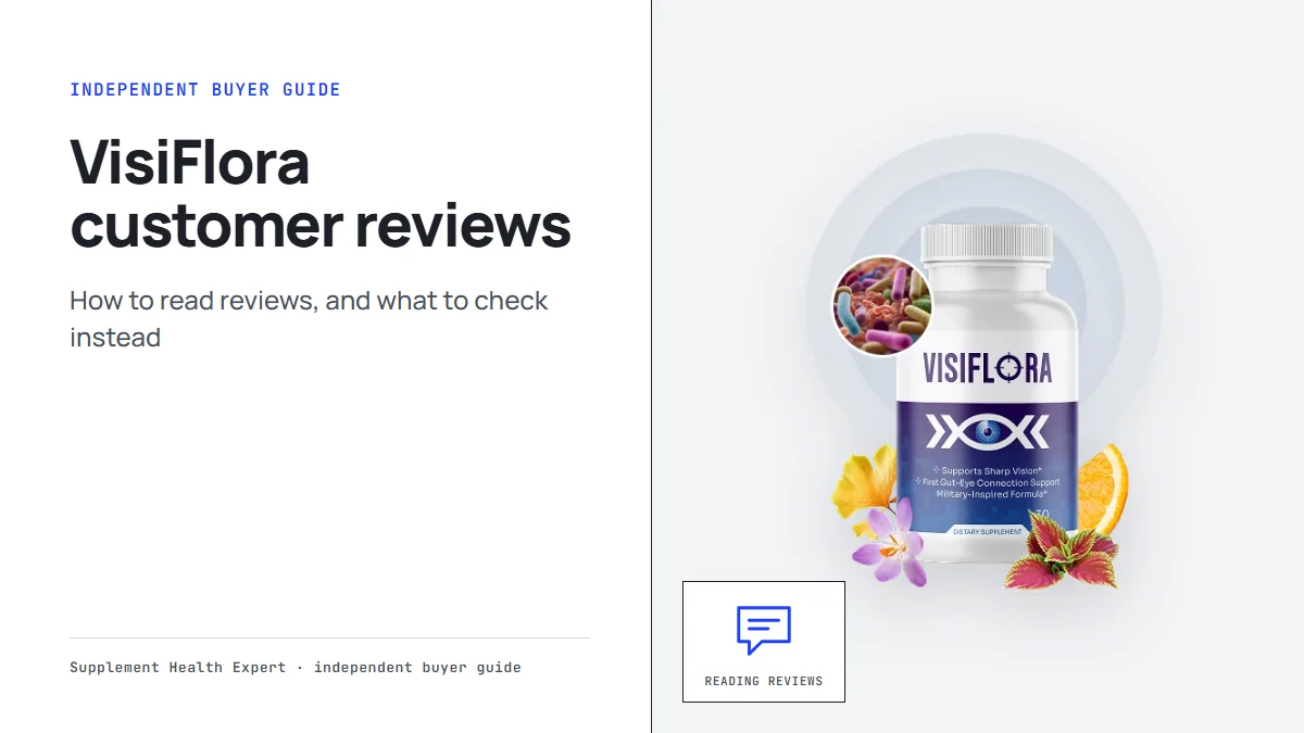 VisiFlora customer reviews graphic with a VisiFlora bottle beside a speech bubble icon labeled Customer stories
