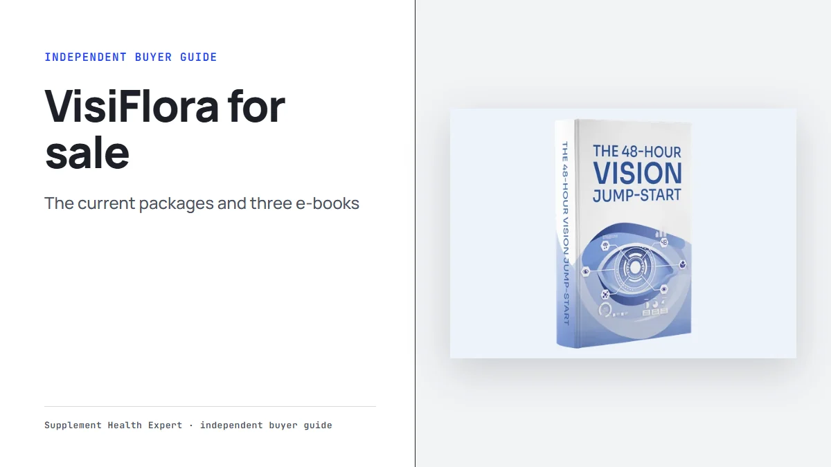 VisiFlora for sale graphic with the VisiFlora bonus e-book The 48-Hour Vision Jump-Start beside the headline
