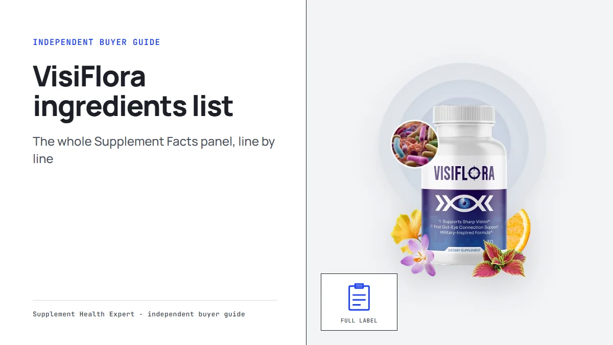 VisiFlora ingredients list graphic with a VisiFlora bottle beside a clipboard icon labeled Full label