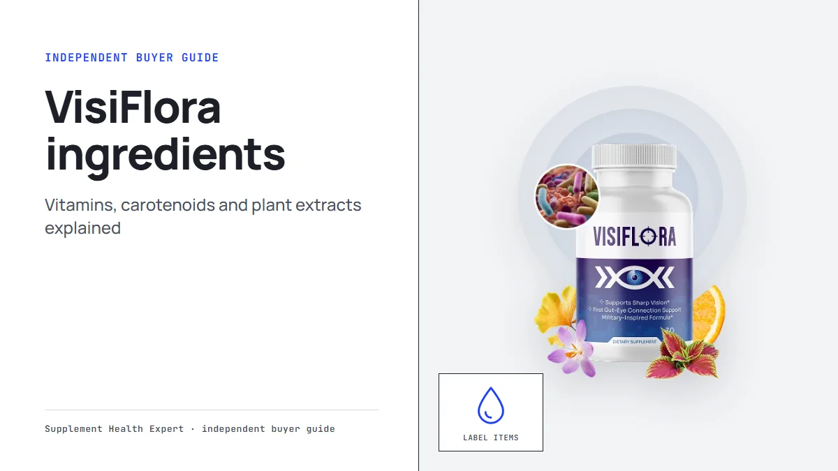 VisiFlora ingredients graphic with a VisiFlora bottle beside a droplet icon labeled Label items explained