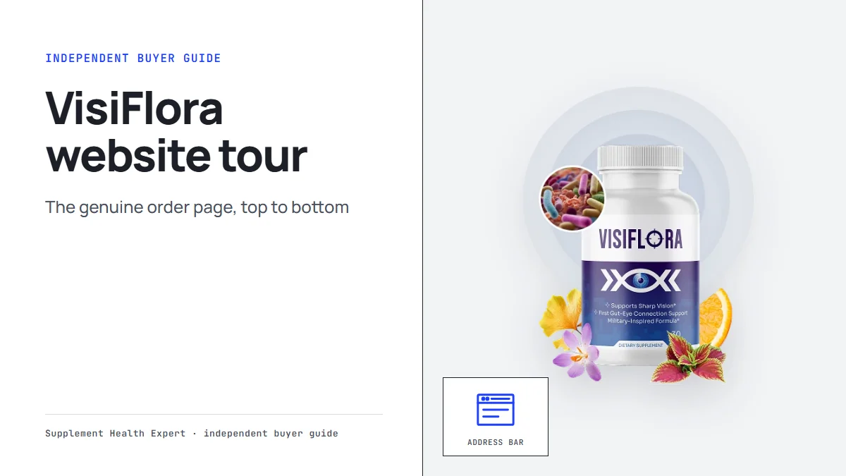 VisiFlora official website tour graphic with a VisiFlora bottle beside a browser window icon labeled Address bar