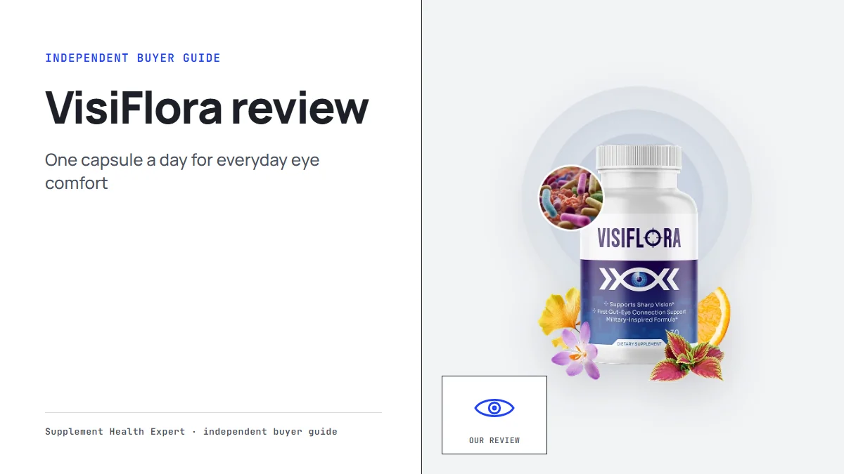 VisiFlora review graphic with a VisiFlora bottle of 30 capsules beside a checklist icon labeled Our review