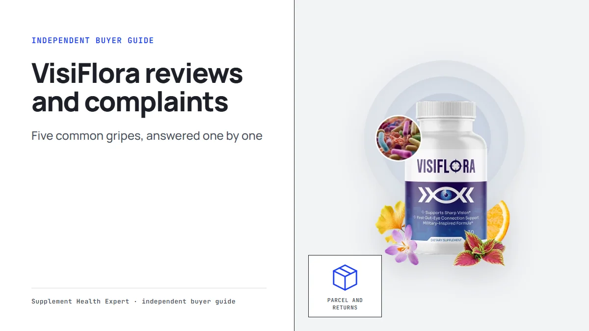 VisiFlora reviews and complaints graphic with a VisiFlora bottle beside a parcel icon labeled Parcel and returns