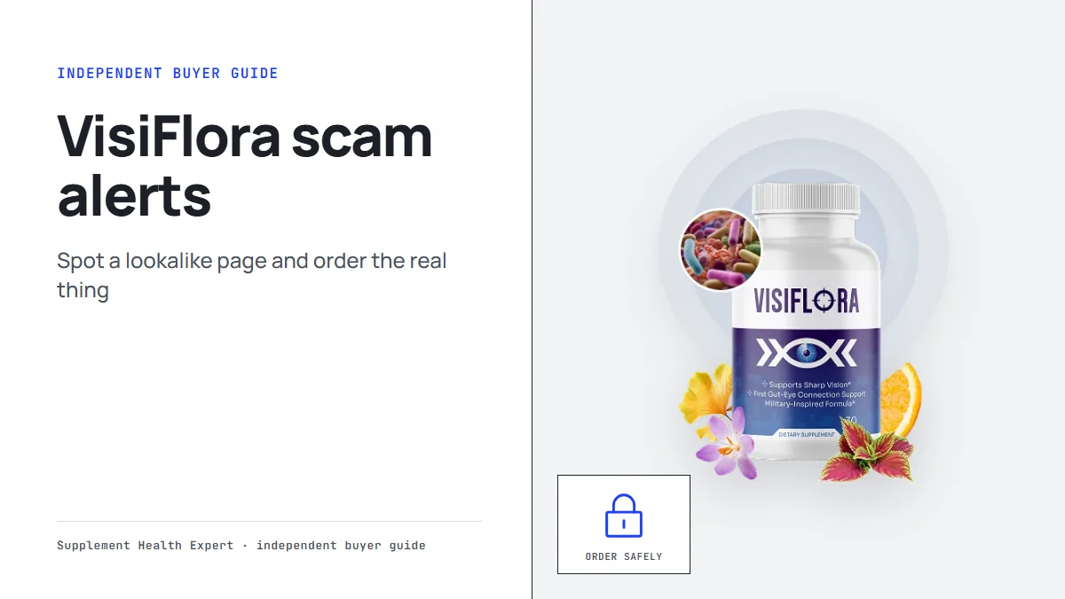 VisiFlora scam alerts graphic with a VisiFlora bottle beside a padlock icon labeled Order safely