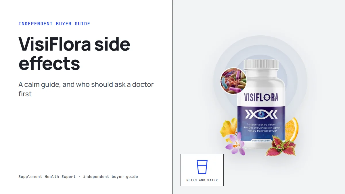 VisiFlora side effects graphic with a VisiFlora bottle beside a glass icon labeled Notes and water