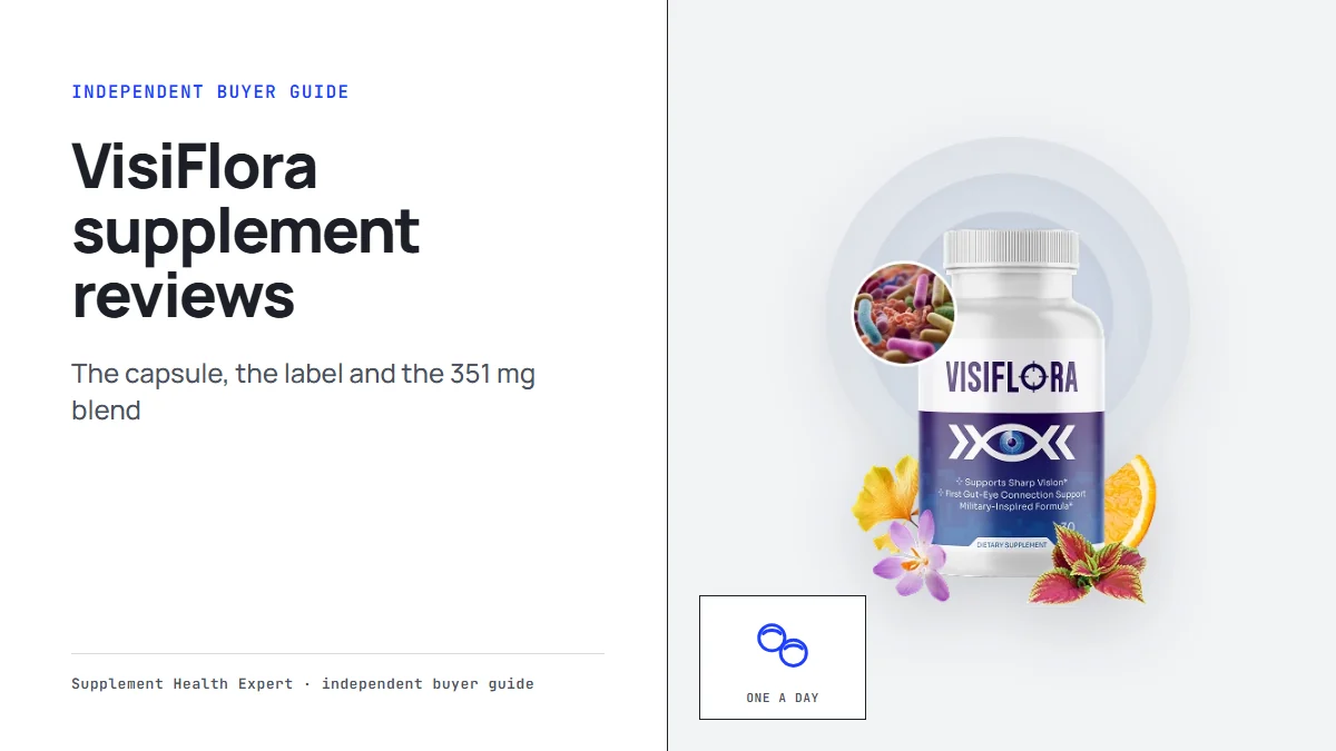 VisiFlora supplement reviews graphic with a VisiFlora bottle beside a tablets icon labeled One a day