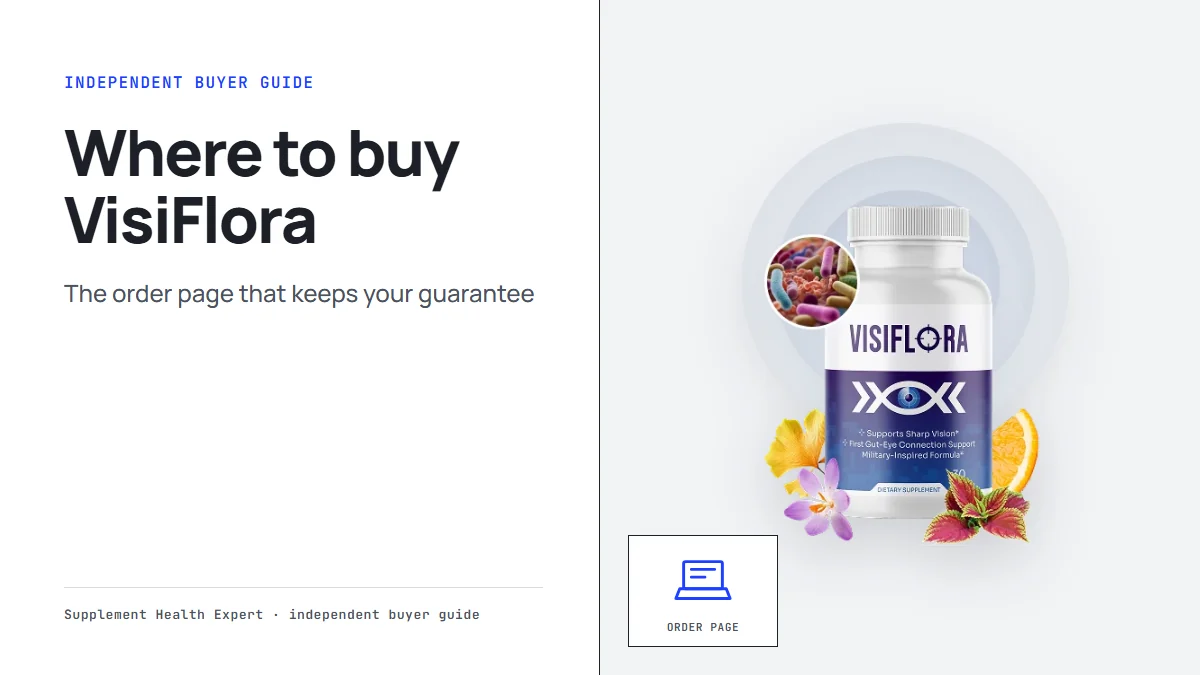 Where to buy VisiFlora graphic with a VisiFlora bottle beside a laptop icon labeled Order page