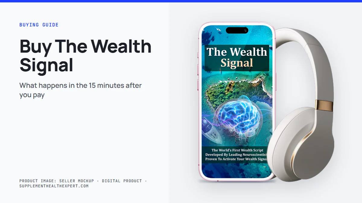 Buy The Wealth Signal: the seller's mockup of a phone showing the audio cover with headphones