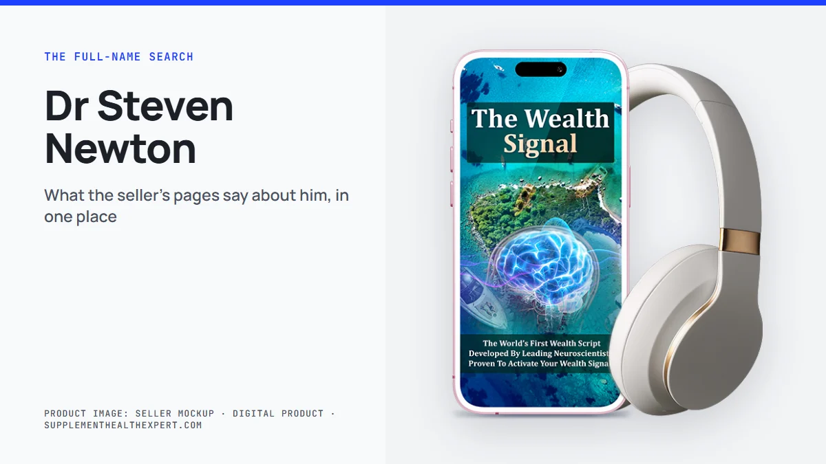 Dr Steven Newton Wealth Signal: the seller's mockup of a phone showing the audio cover with headphones