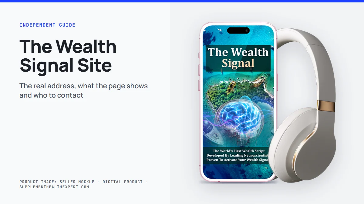 The Wealth Signal official website guide: the seller's mockup of a phone with the audio cover and headphones