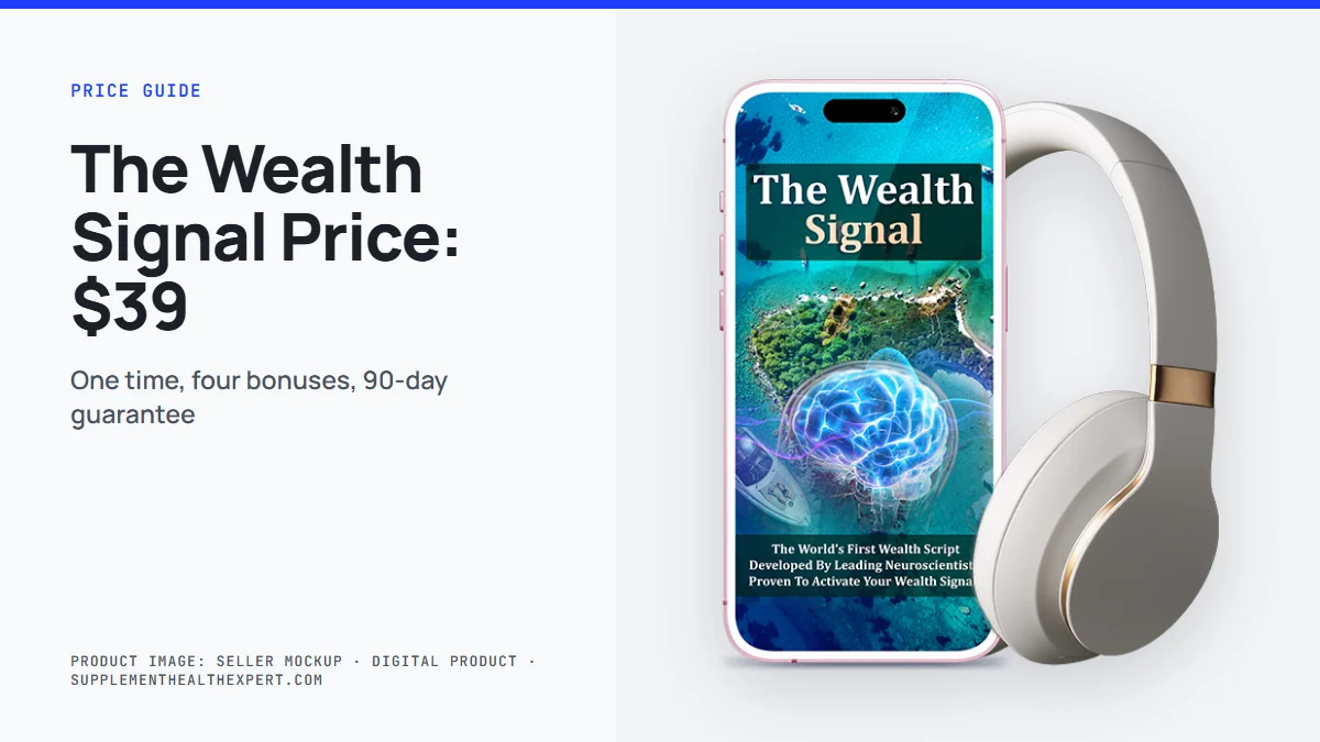 The Wealth Signal price guide: the seller's mockup of a phone showing the audio cover with headphones