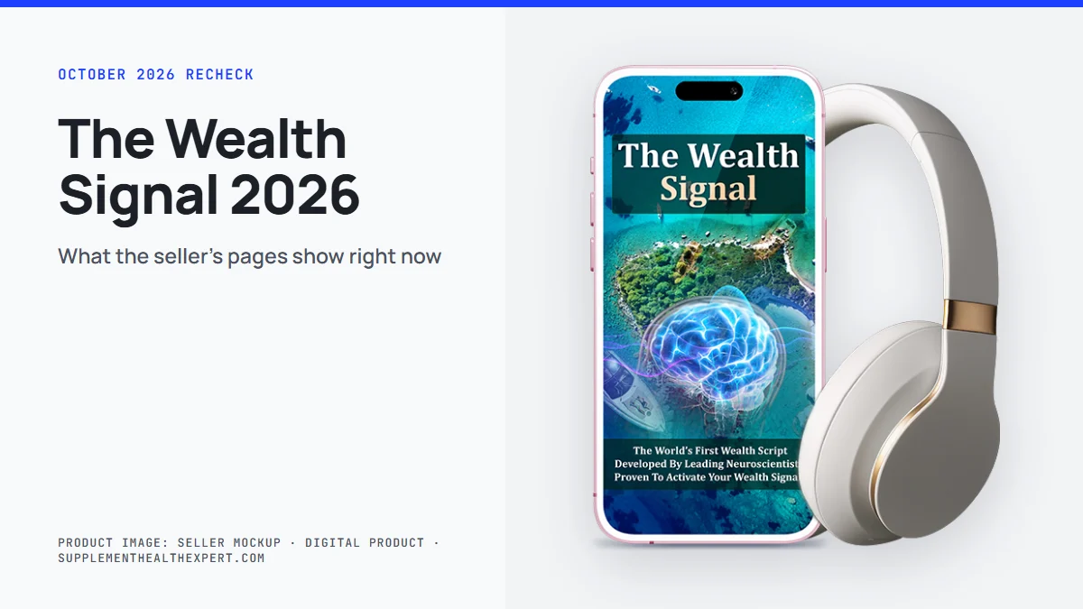 The Wealth Signal reviews 2026: the seller's mockup of a phone with the audio cover and headphones