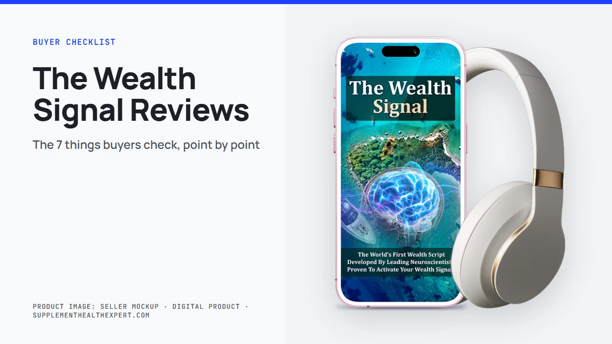 The Wealth Signal reviews: the seller's mockup of a phone with the audio cover and headphones