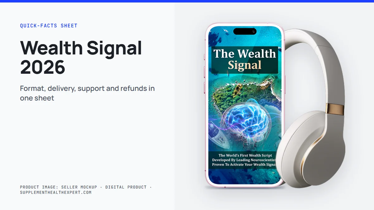 Wealth Signal reviews 2026: the seller's mockup of a phone showing the audio cover with headphones