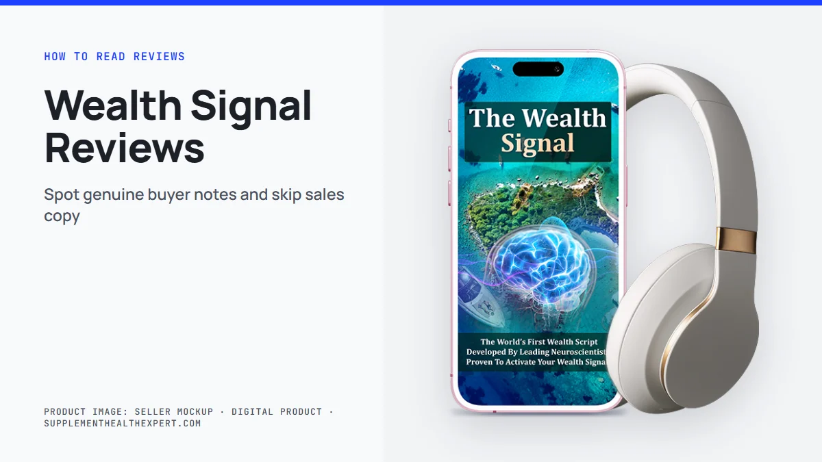 Wealth Signal reviews: the seller's mockup of a phone showing the audio cover with headphones