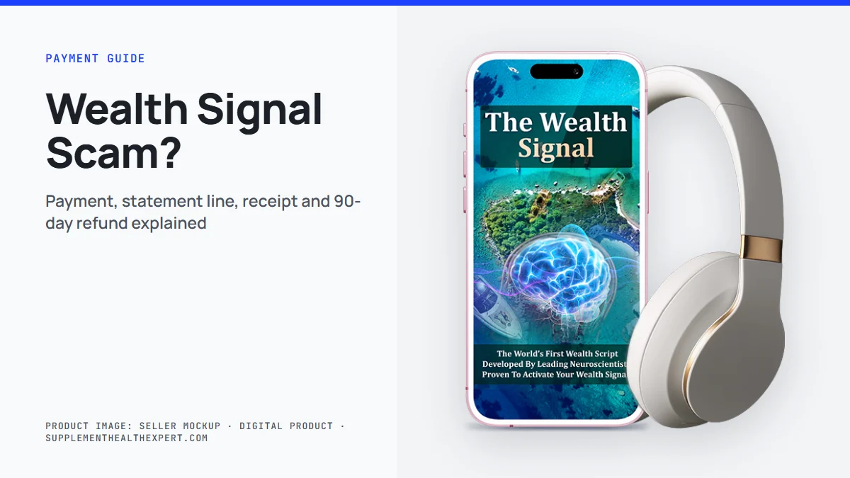 Wealth Signal scam payment guide: the seller's mockup of a phone showing the audio cover with headphones
